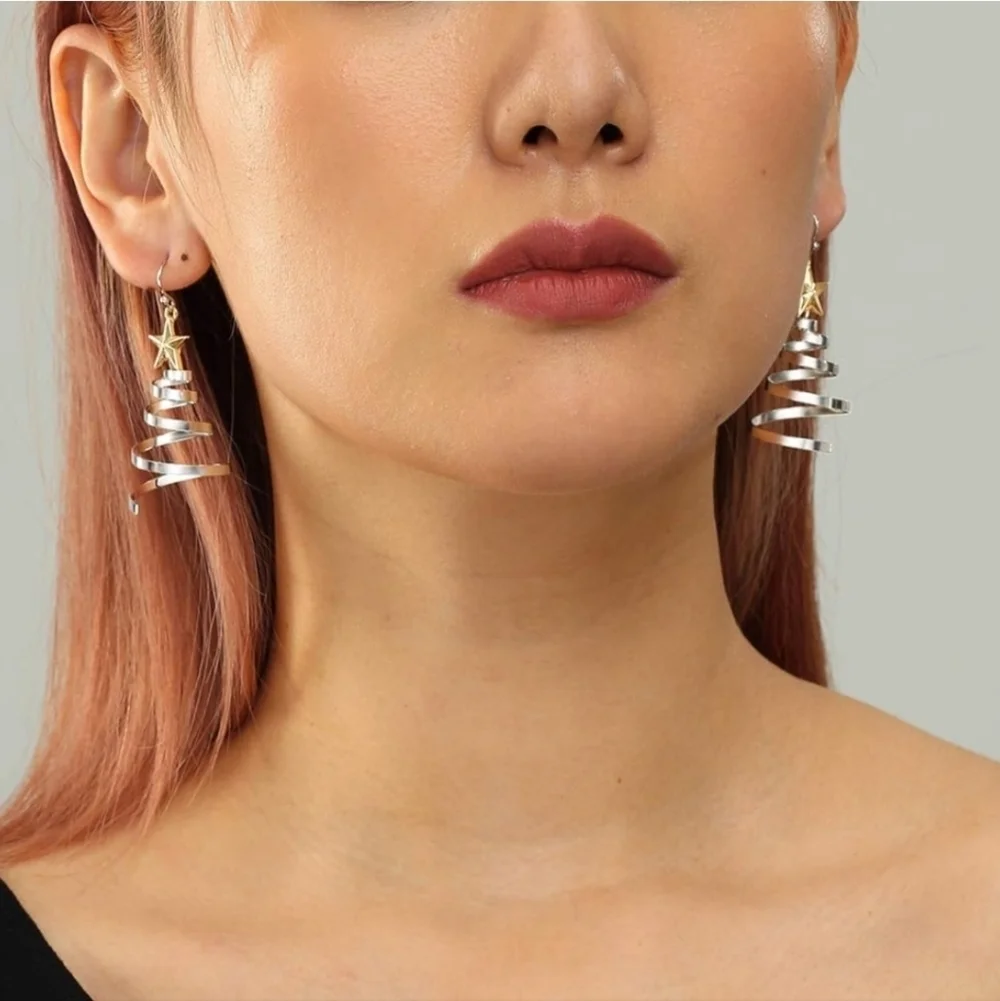 Women’s Jewelry Holiday Gold and Silver Star Spiral Tree Dangle Earrings
